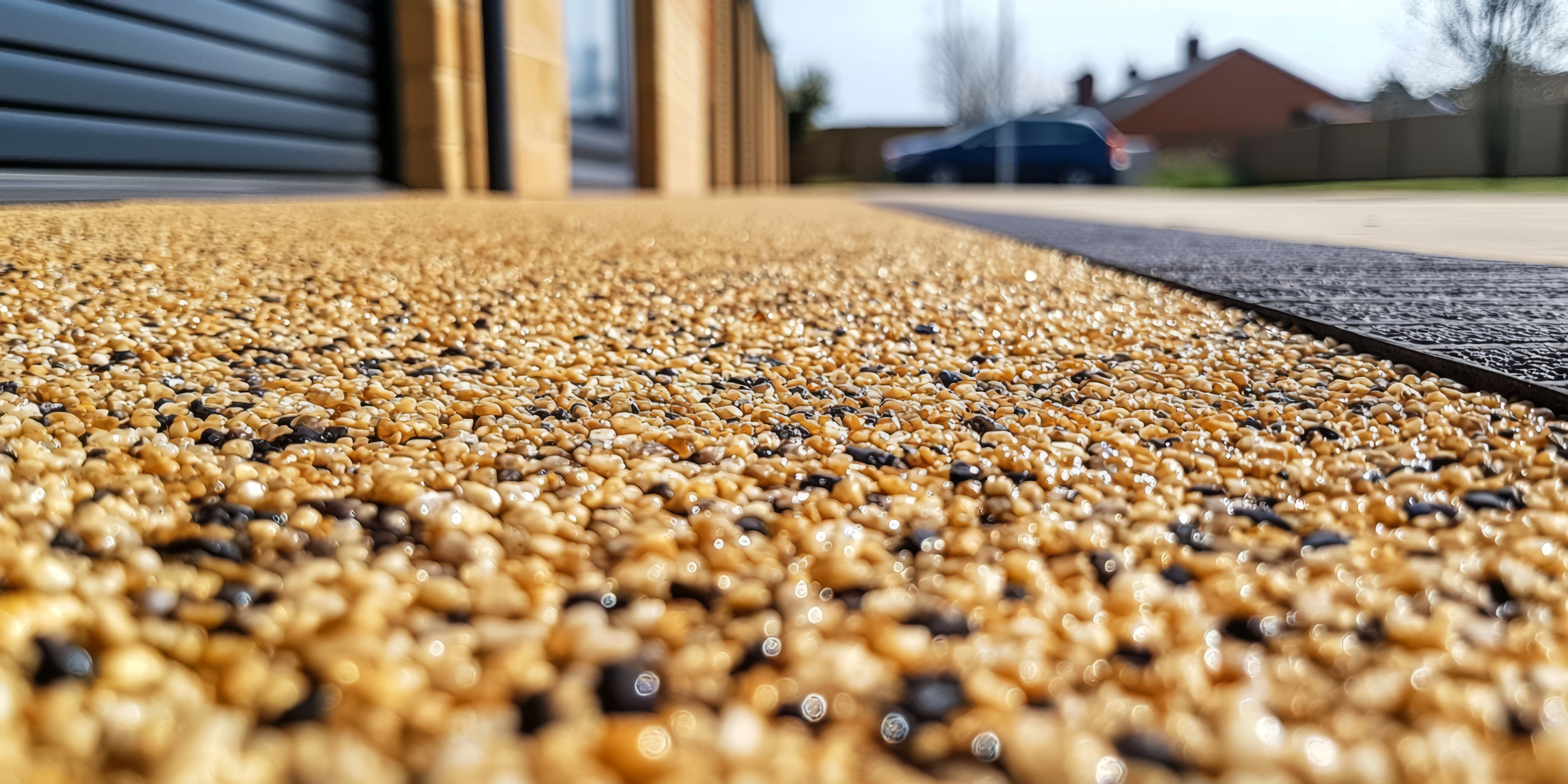 A close-up view of a textured, pebbled surface with tan and black stones, shimmering under sunlight. Background features blurred buildings and a car.