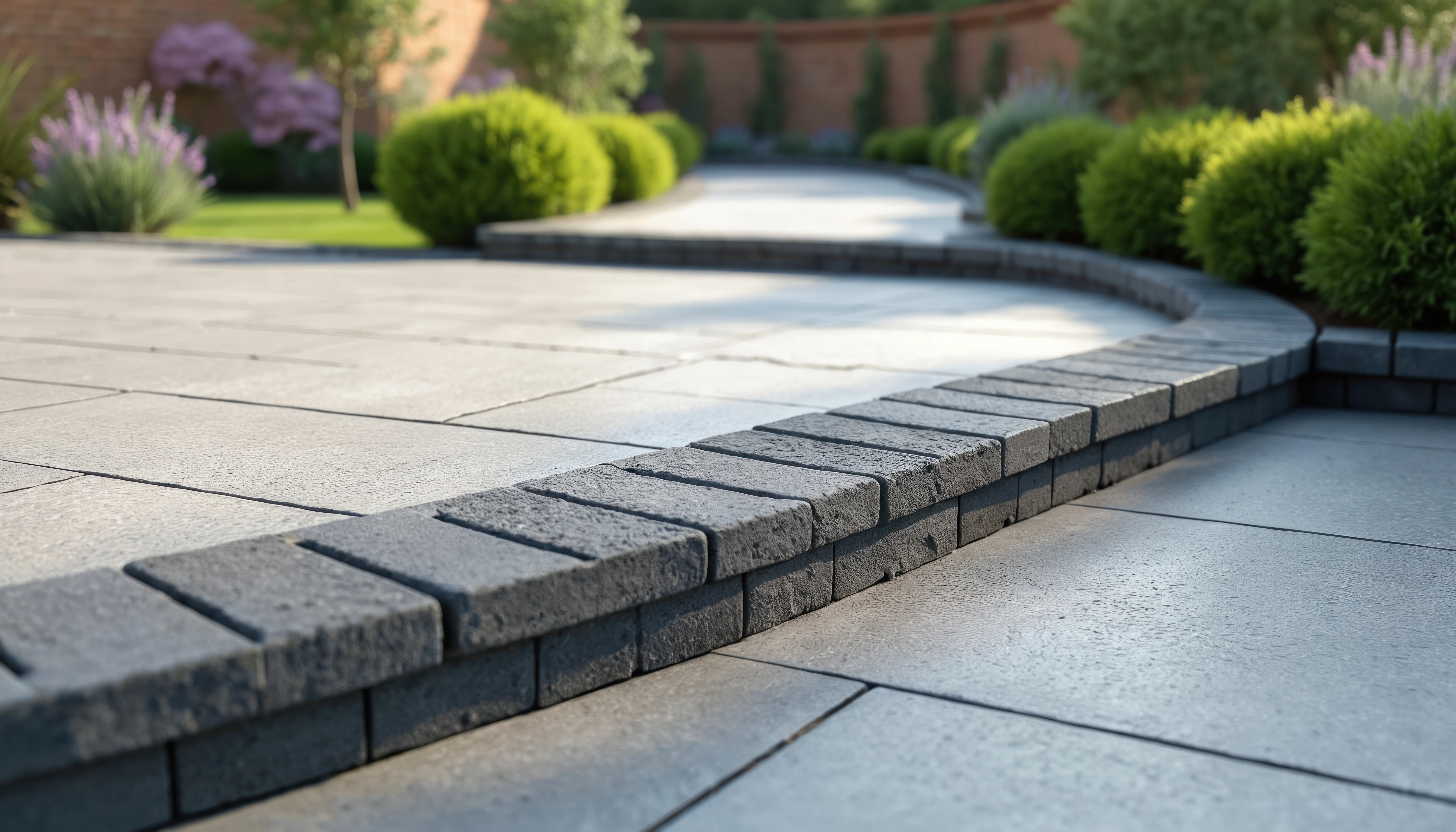 Curved pathway made of stone pavers, bordered by neatly placed dark bricks and lush green shrubs in a garden setting.