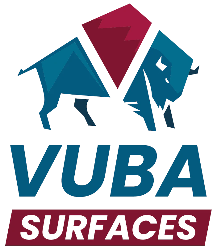 Logo for VUBA Surfaces featuring stylized bull silhouettes in blue and maroon with diamond shapes above and bold text below.