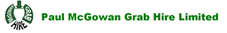 Logo of Paul McGowan Grab Hire Limited, featuring green text and a graphic of a grab, emphasizing construction services.
