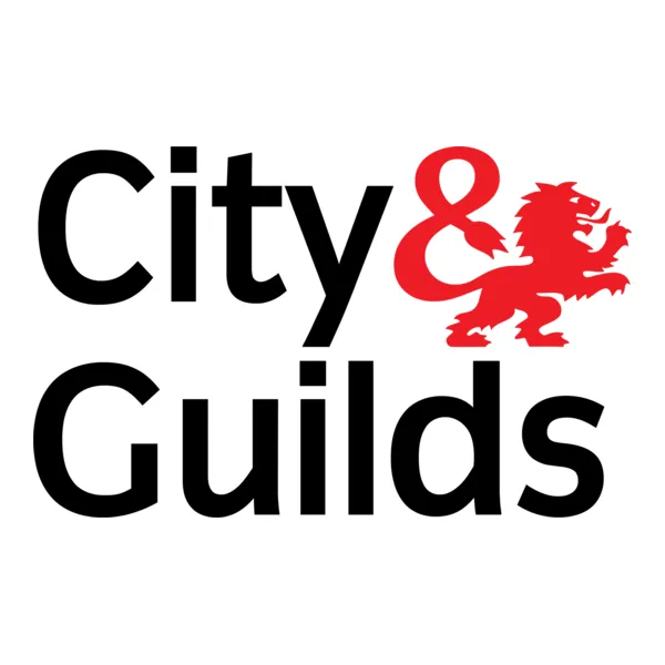 Logo of City & Guilds featuring the text "City & Guilds" alongside a red lion emblem.
